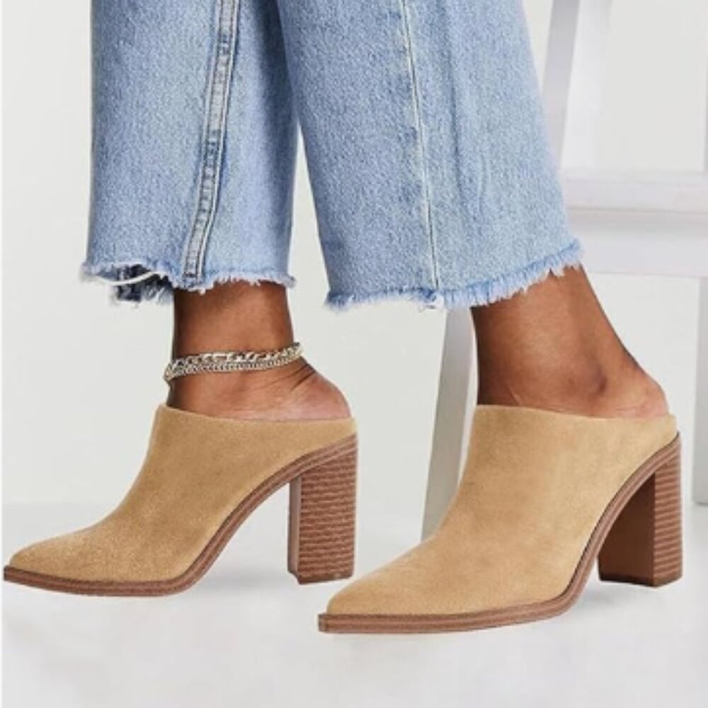 FOWT Camel Pointed Toe Slip On Mules Stacked Block High Heel Sandal Shoes
